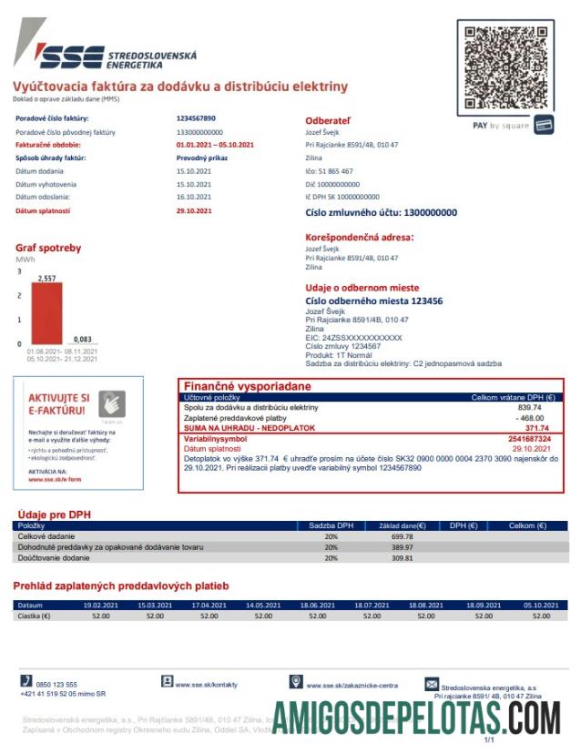 Em branco modelo de conta de serviços públicos Stredoslovenka Energetika da Eslováquia em formato Word e PDF